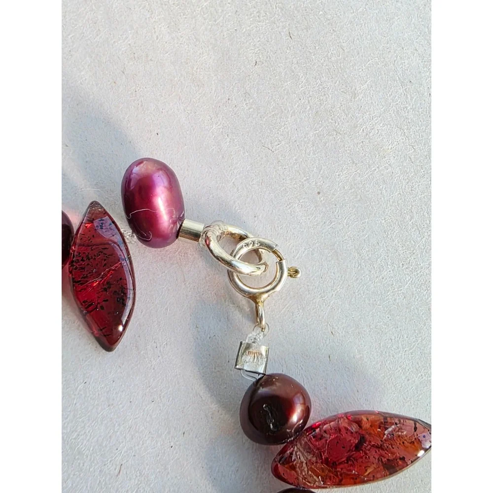 Handmade Sterling Silver 925 Garnet and Genuine Pearl Bracelet Red Wine Gift